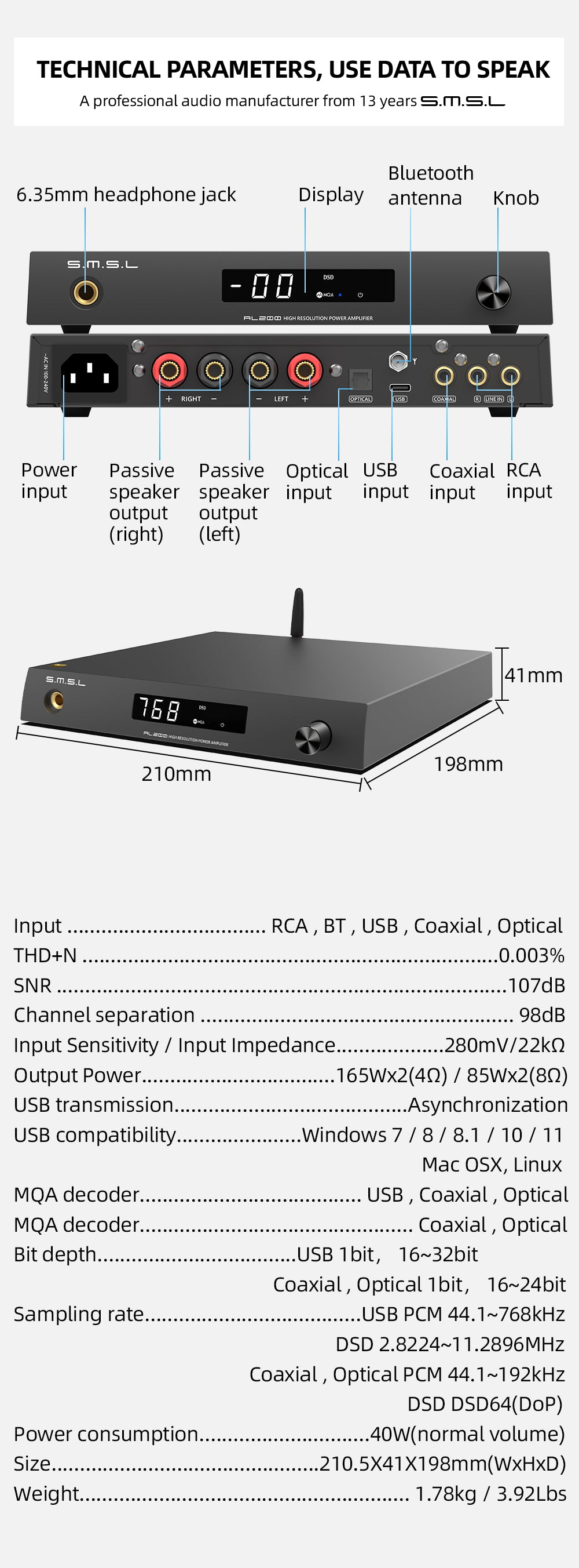 SMSL AL 200 - Stereo Integrated Amplifier (Headphone Amp, Internal DAC)