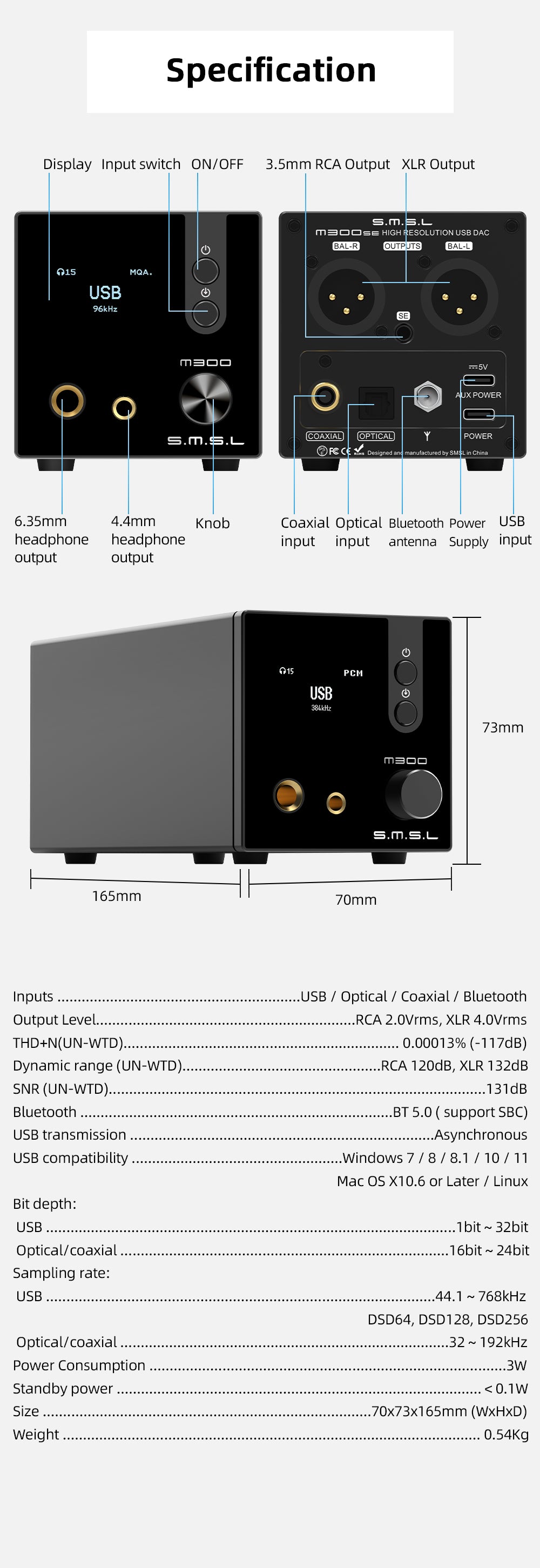 S.M.S.L. M300 SE CS43131 MQA Audio DAC - Digital to Analogue Converter - Headphone Amp - Bluetooth