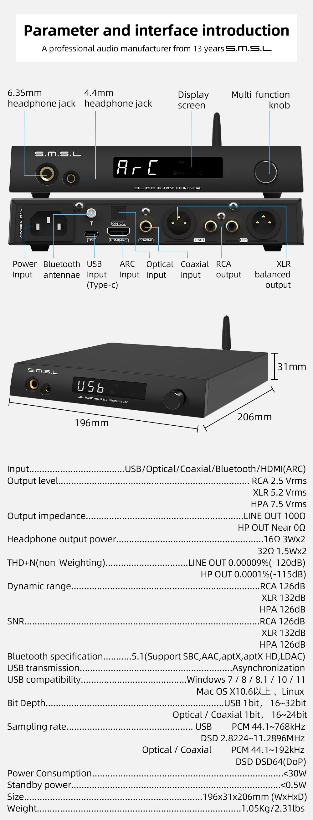 SMSL DL 100 - Hi Res DAC and High-Power Headphone Amp